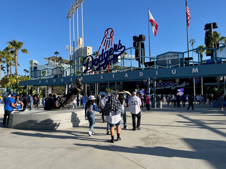 Fans entering the outfield pavilion at Dodger Stadium