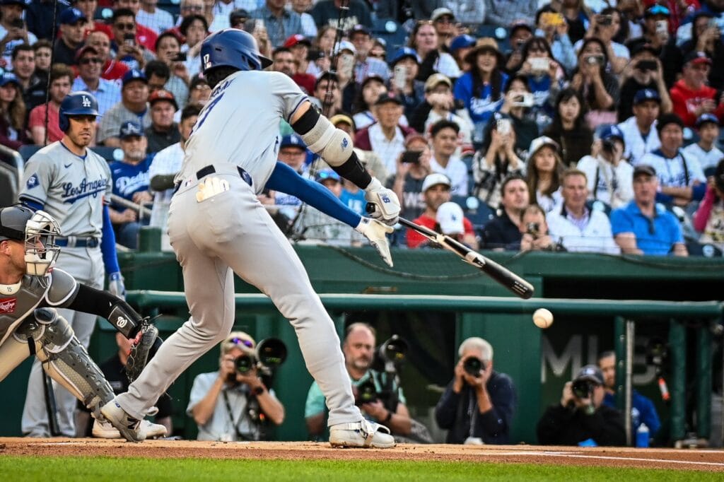 Dodgers star Shohei Ohtani swings as his bat splinters; Ohtani surgery will not be needed this offseason.