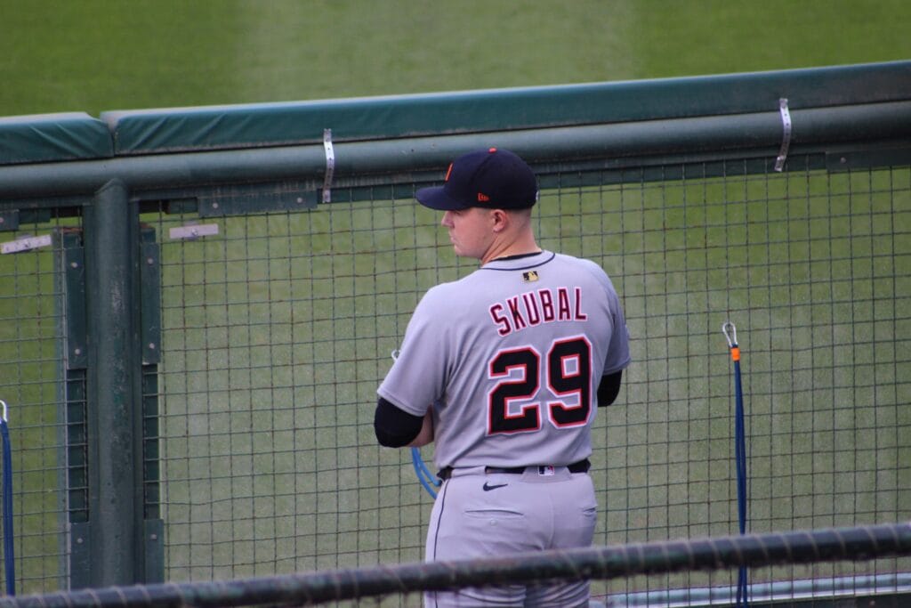 Tarik Skubal in a Detroit Tigers road uniform throwing a pitch. Skubal was named the starter in the 2026 NLCS Game 1 for the Dodgers.